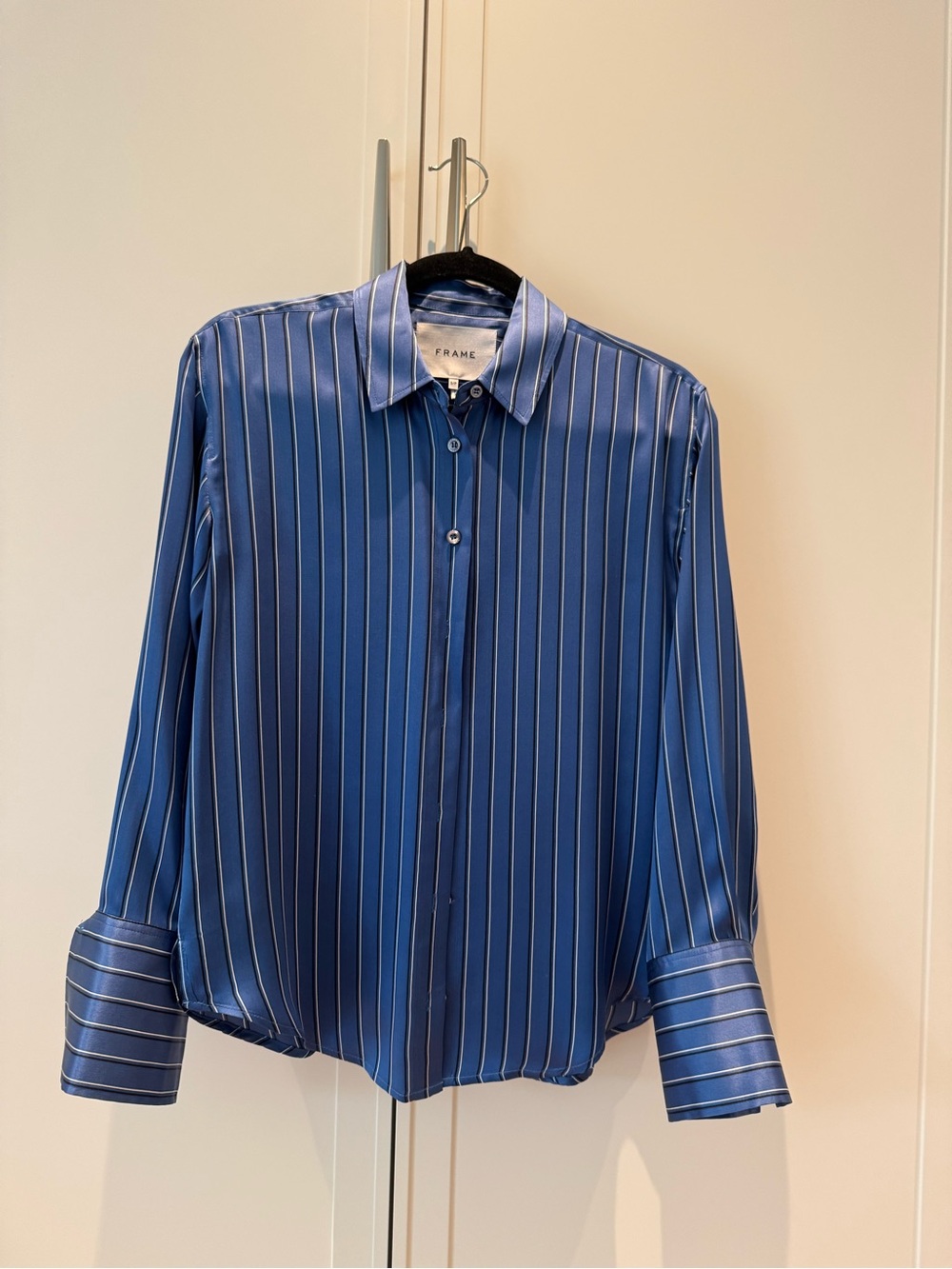 Frame Denim Blue & White Striped Silk Button-Up Blouse
